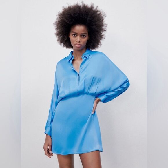 NEW ZARA sky blue Satin Button Up Mini Dress with Gem Detailing - Picture 3 of 13
